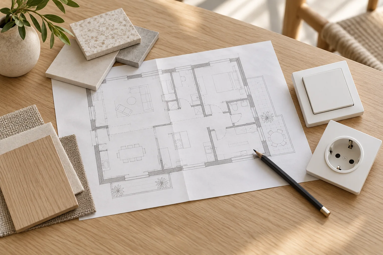 Illustration av planritning, strömbrytare och uttag inför renovering