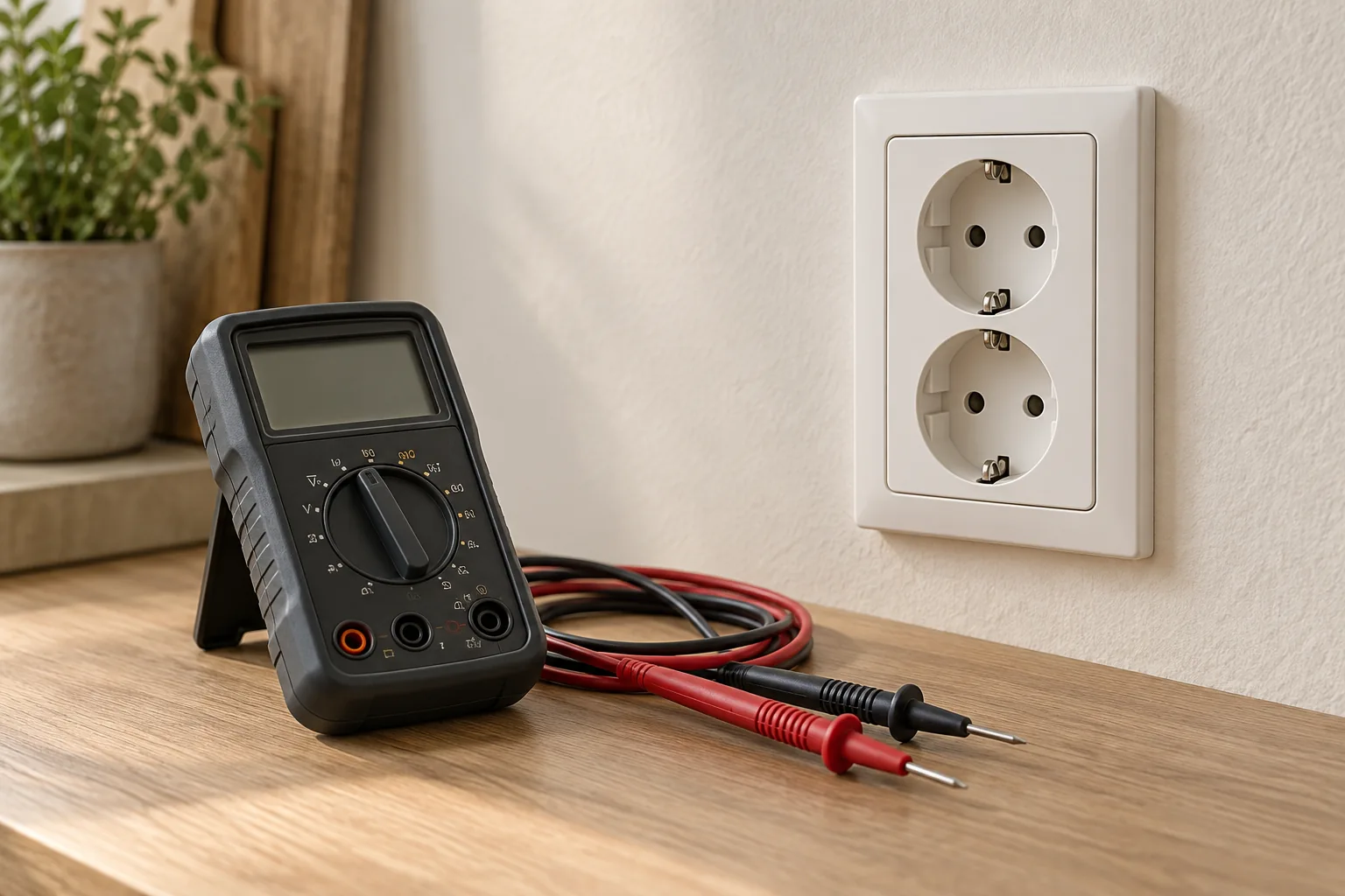 Illustration av multimeter och mätprober vid ett jordat vägguttag