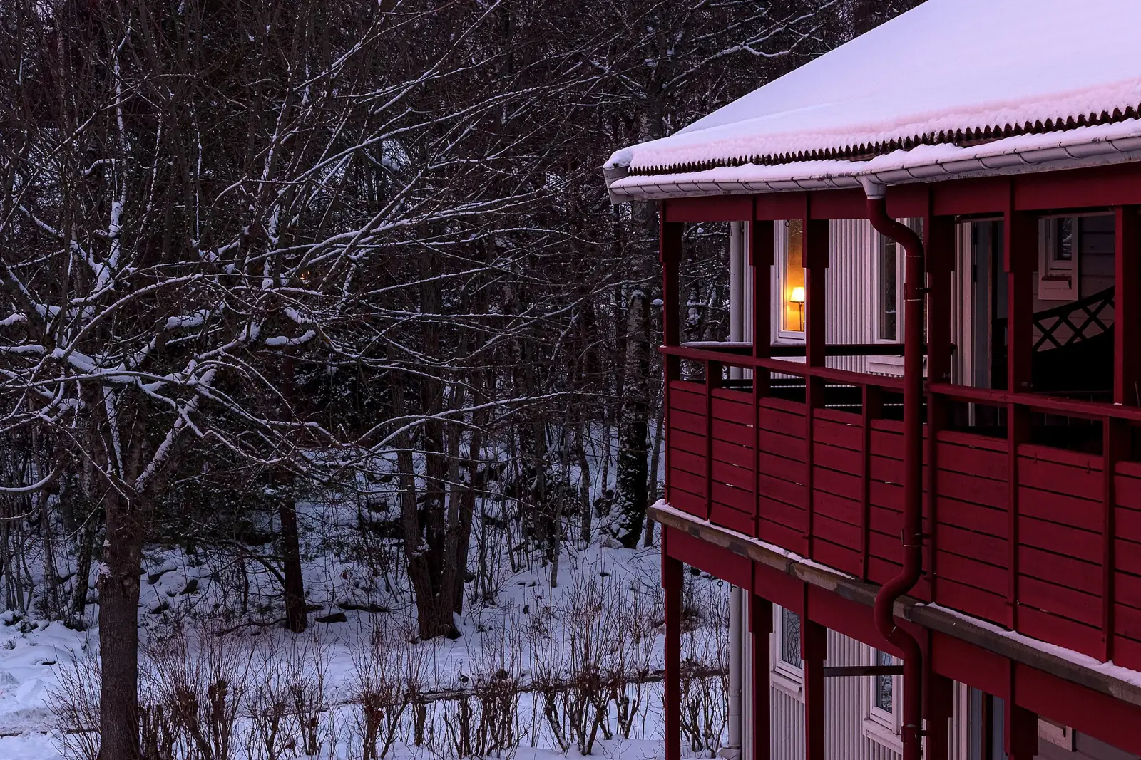 Rött trähus med tänd lampa i fönstret och snö i skogen