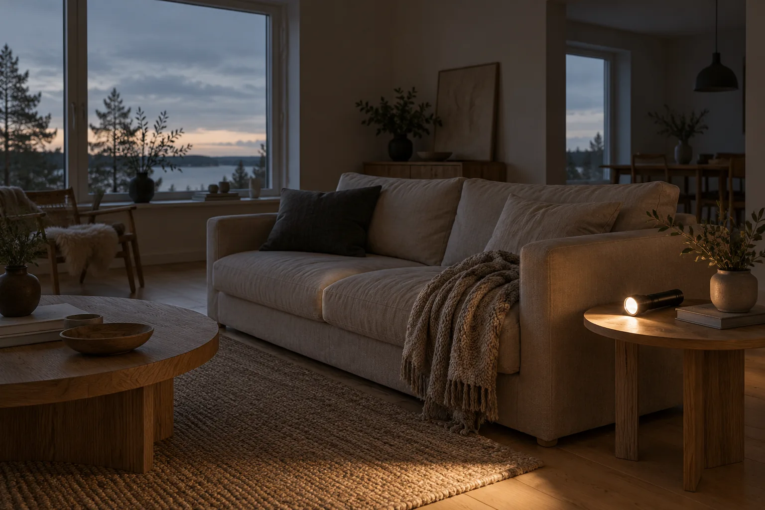 Illustration av ett skandinaviskt vardagsrum med släckta lampor och en ficklampa